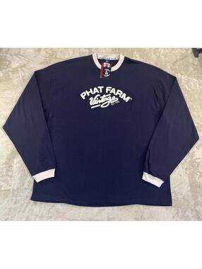 Men's Long Sleeve Tee Blue 2XL "PHAT FARM" VINTAGE %100 Cotton Heavy Fabric NWT